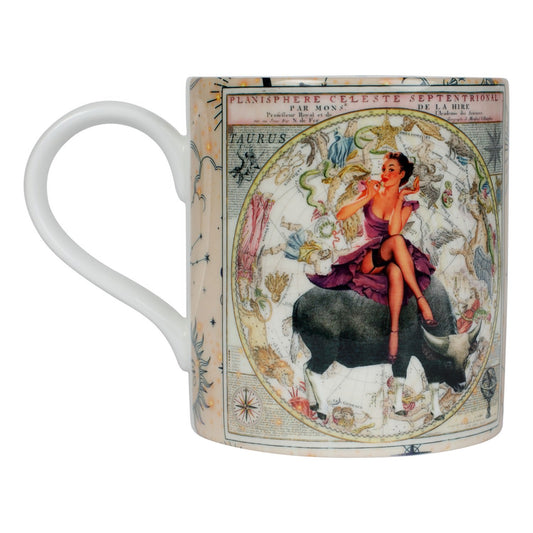 Luxury bone china coffee mug in a maximalist design, Taurus zodiac print 