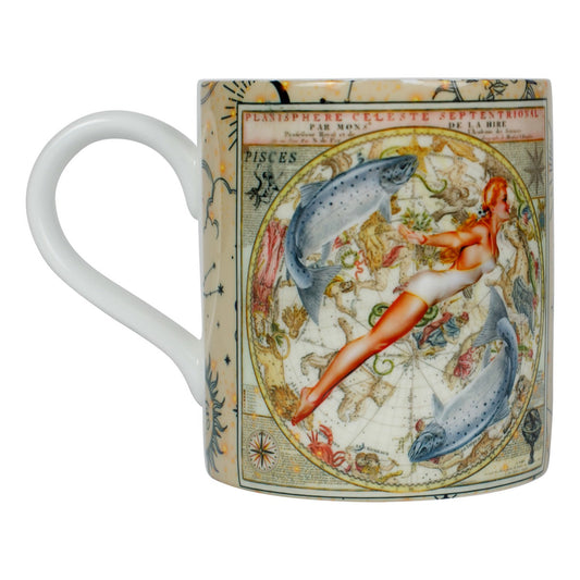 Luxury bone china coffee mug in a maximalist design, Pisces zodiac print 