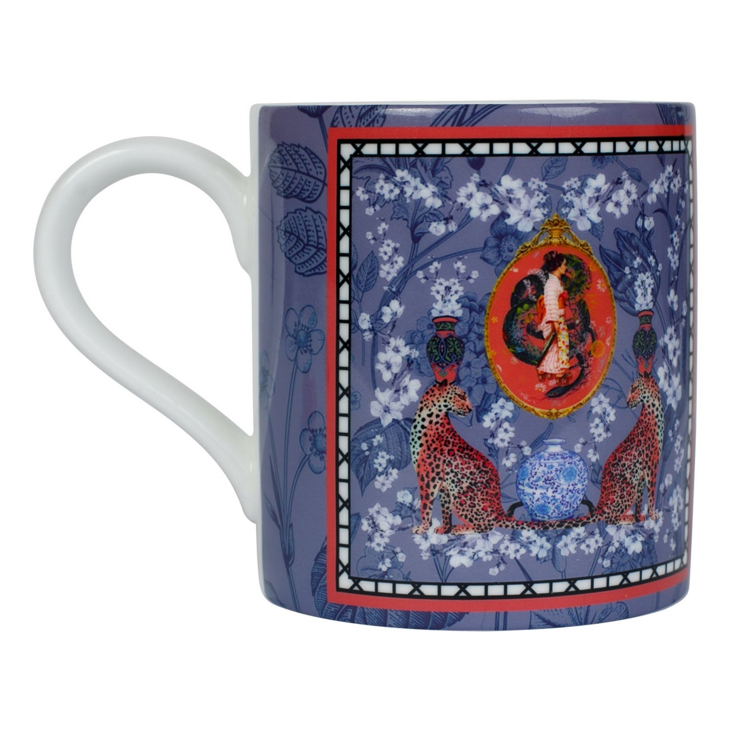 Luxury bone china mug in a maximalist oriental inspired design called - Mishcka Bluebell