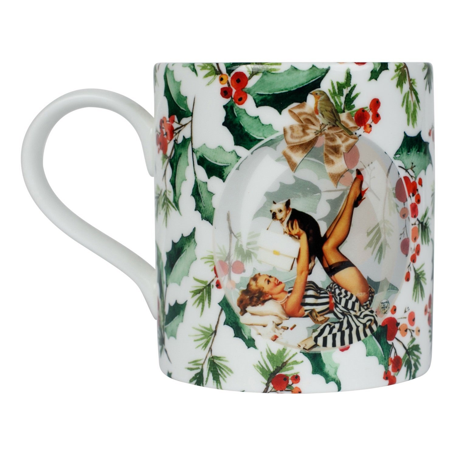 Luxury bone china mug in a maximalist festive design called - Festive Holly