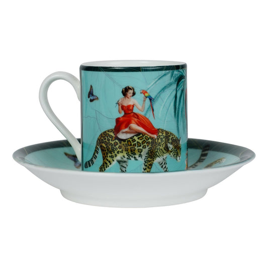 Luxury bone china cup and saucer in a maximalist turquoise design called - Mary Turquoise