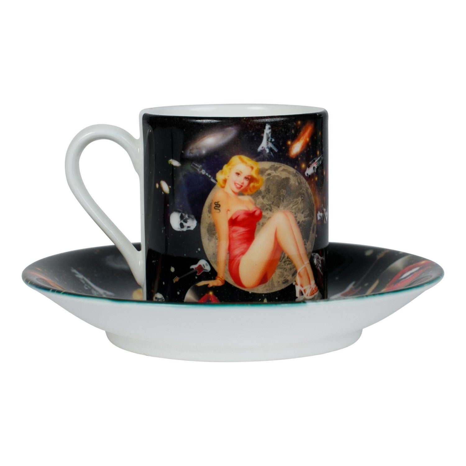 Luxury bone china espresso cup and saucer in a maximalist vintage pin-up rockstar design called - GiGi