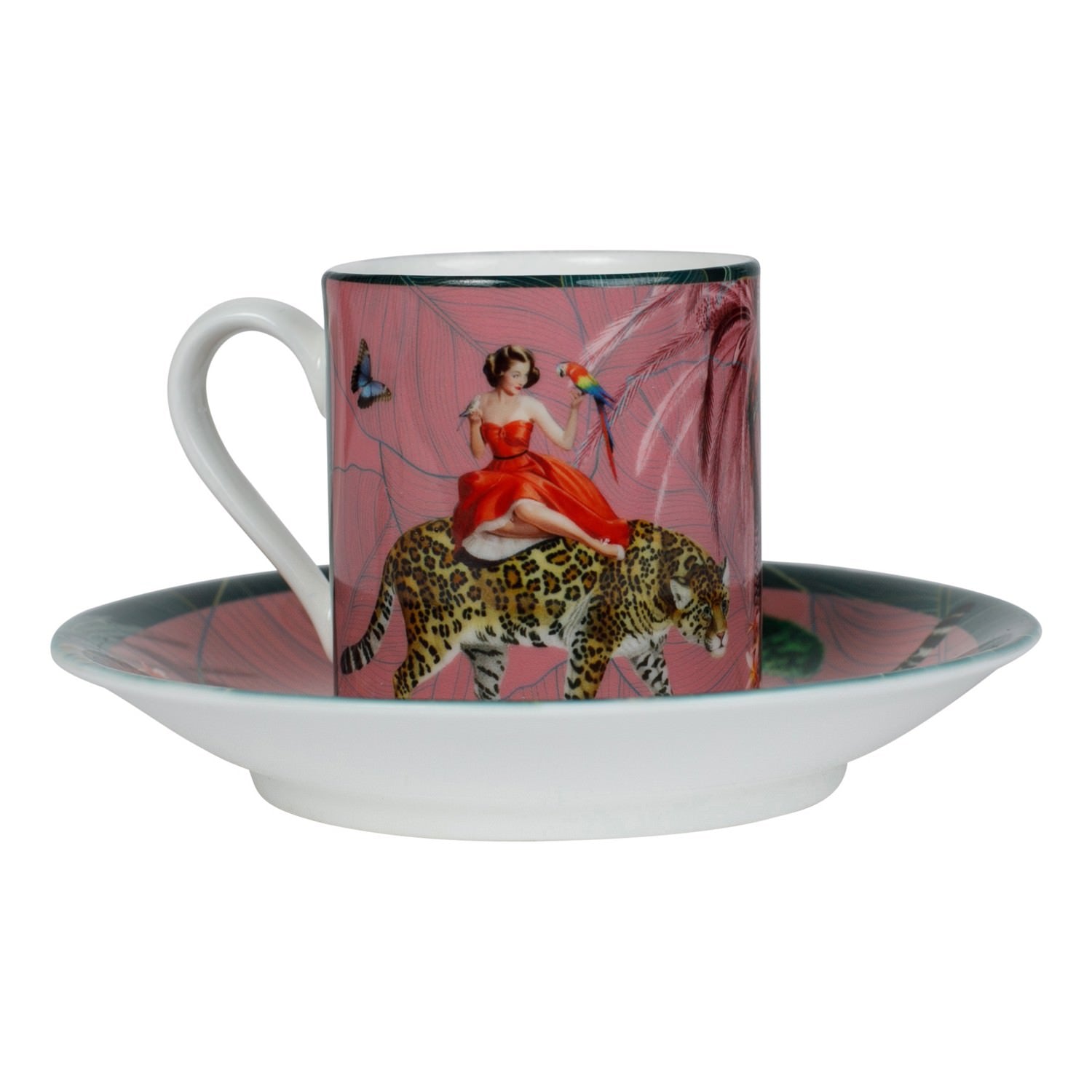 Luxury bone china cup and saucer in a maximalist pink design called - Mary Pink