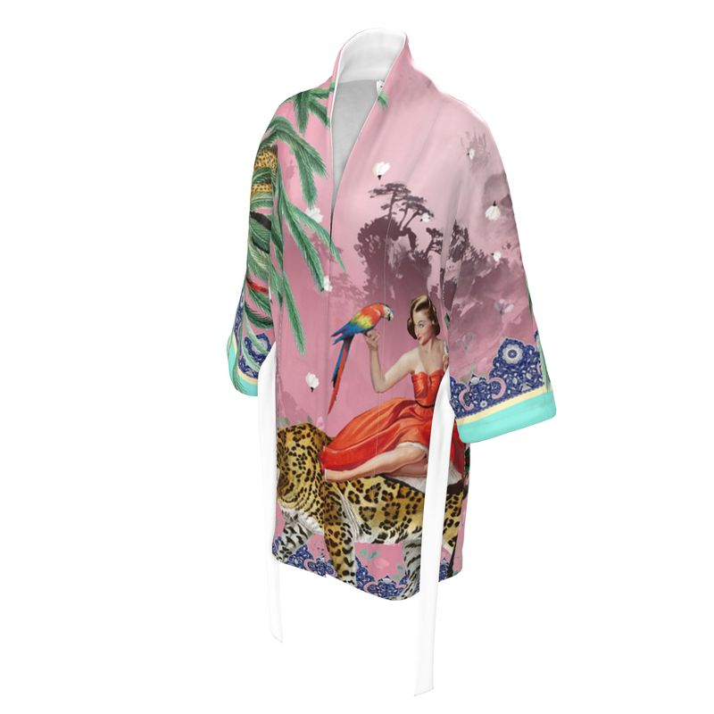 Side view of a Luxury 100% silk Kimono in a maximalist vintage pink design