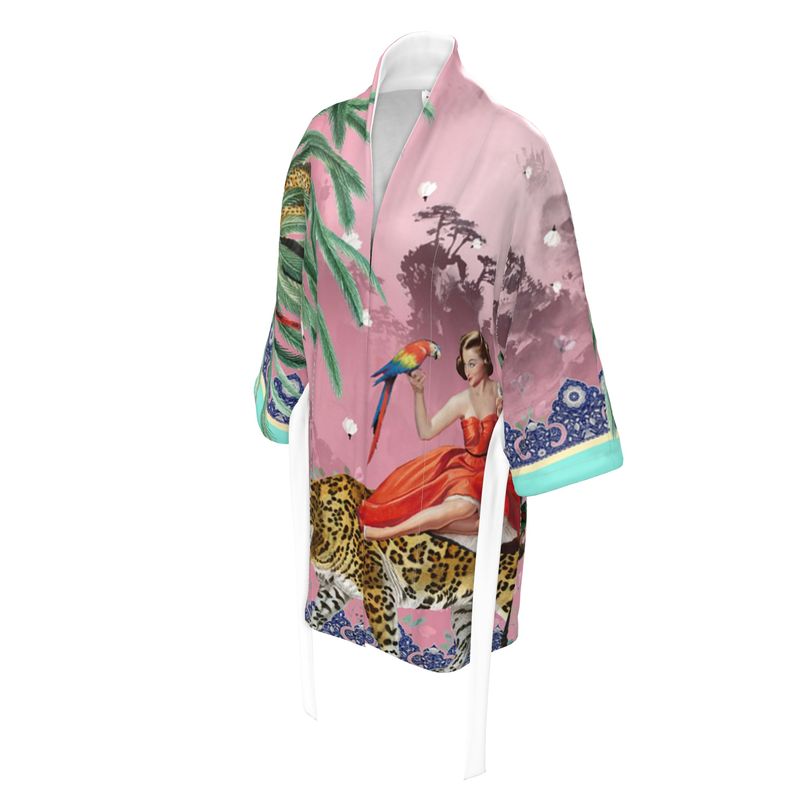 Side view of a luxury 100% silk Kimono in a maximalist vintage pink design