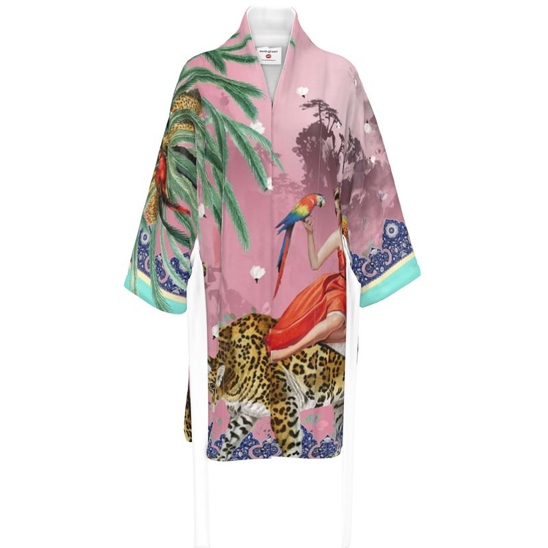 A Luxury 100% silk Kimono in a maximalist vintage pink design 