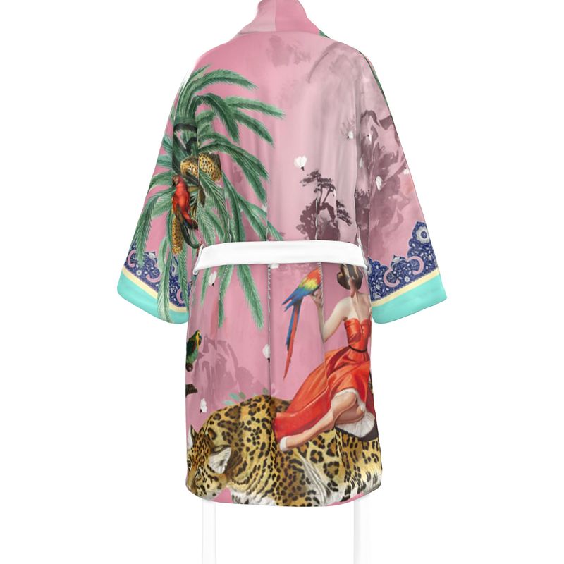 Back view of a luxury 100% silk Kimono in a maximalist vintage pink design featuring tie belt