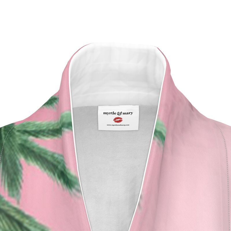 Collar detail of luxury 100% silk Kimono in a maximalist vintage pink design