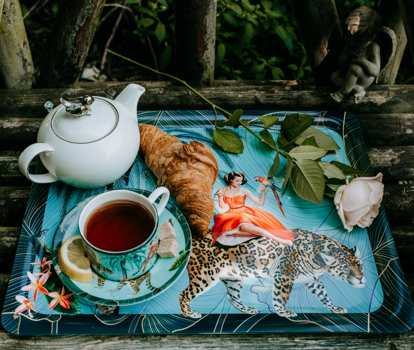 Luxury bone china cup and saucer on a tray in a maximalist turquoise design called - Turquoise Mary