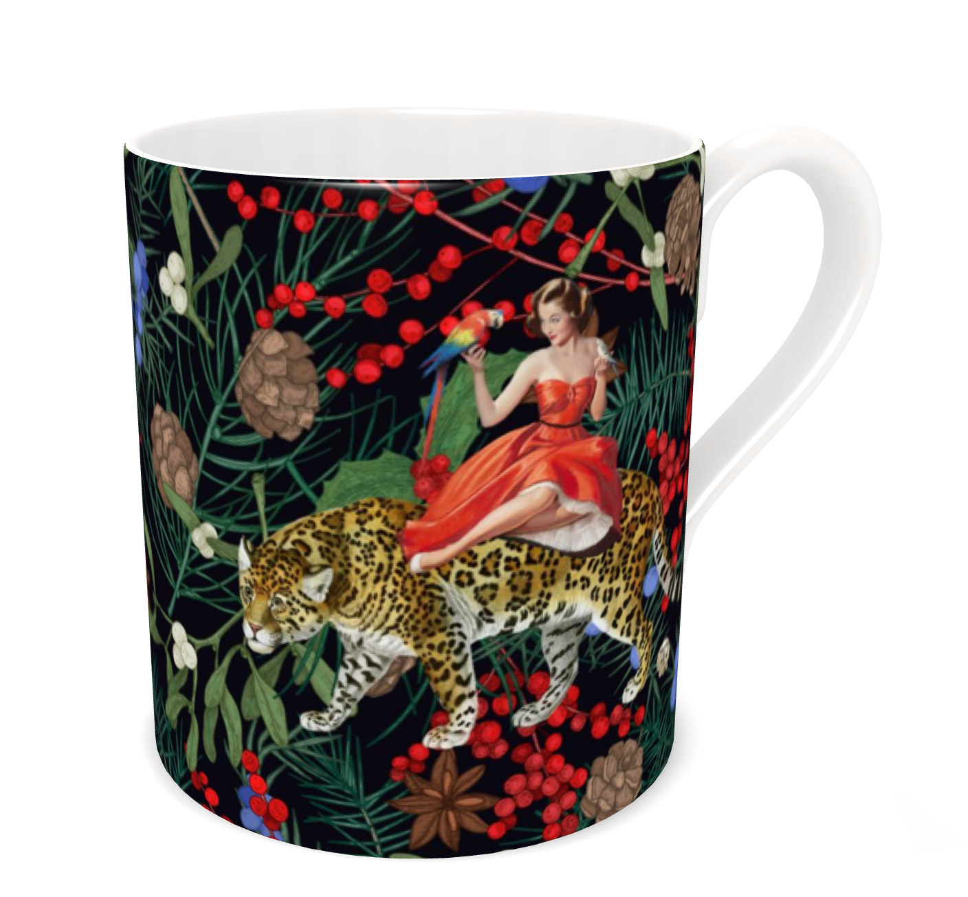 Luxury bone china mug in a maximalist festive animal fairytale design called - Festive Mary