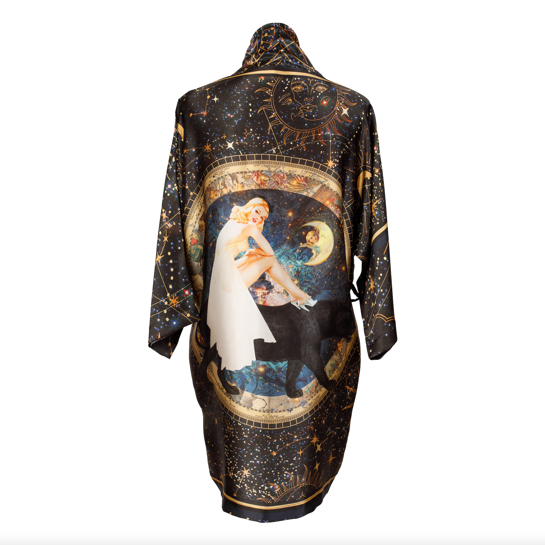 back view Luxury 100% silk kimono in a maximalist celestial design with a fairytale scene called - Celeste