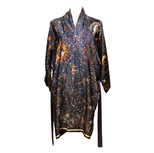 Luxury 100% silk kimono in a maximalist astrology design called - Celeste