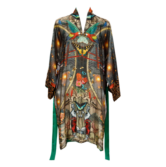 A luxury 100% silk Kimono in a maximalist tropical inspired design combined with Le Cirque Du Monde print called - Paradise Cirque