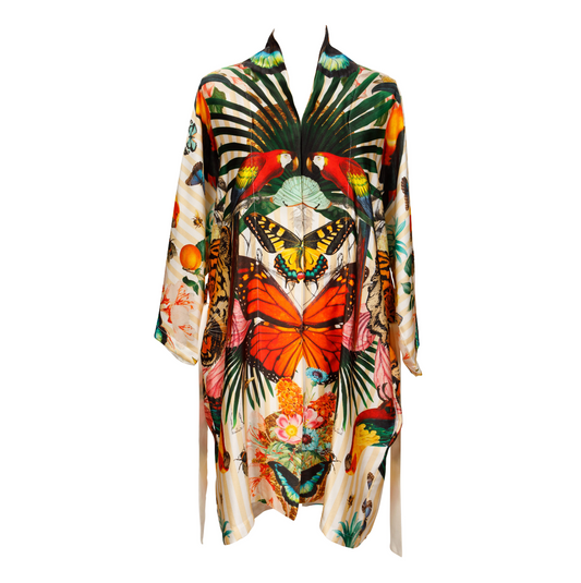 A luxury 100% silk Kimono in a maximalist tropical inspired design against a pale background called - Paradise Day