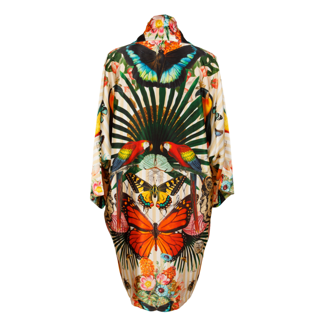 Back view of a luxury 100% silk Kimono in a maximalist tropical inspired design against a pale background