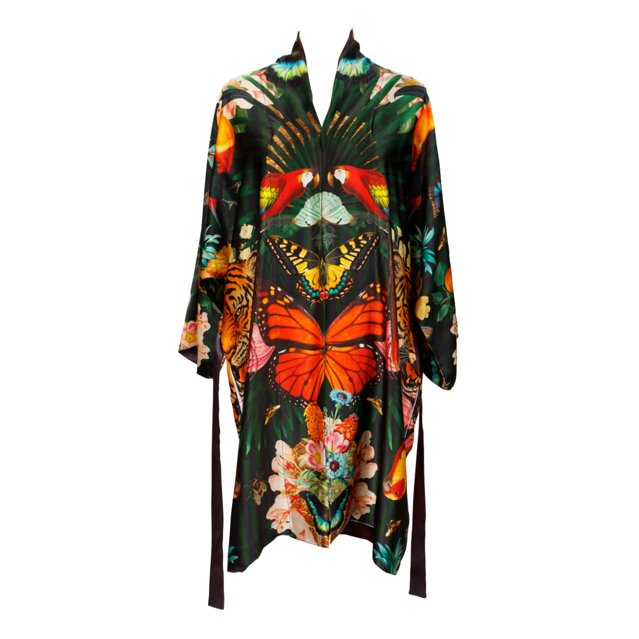 A luxury 100% silk Kimono in a maximalist tropical inspired design against a dark background called - Paradise Lost Night