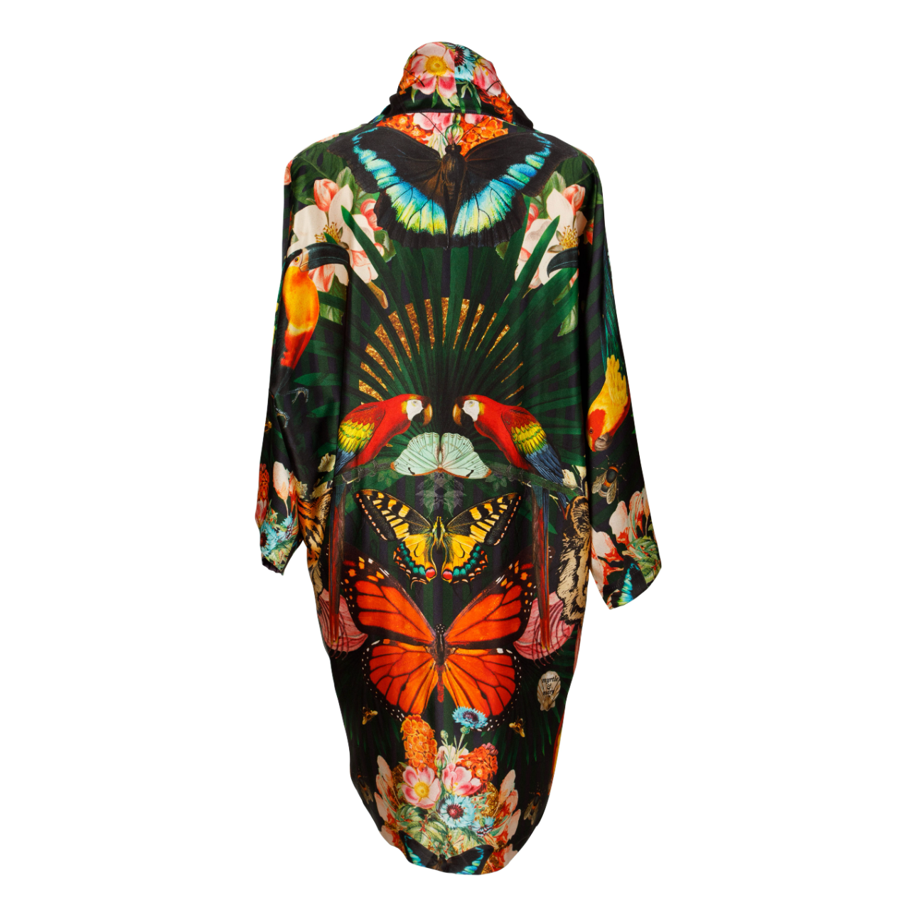 A back view of luxury 100% silk Kimono in a maximalist tropical inspired design against a dark background