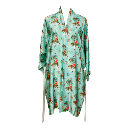 A luxury 100% silk kimono in a maximalist retro Tiger and Pin Up design