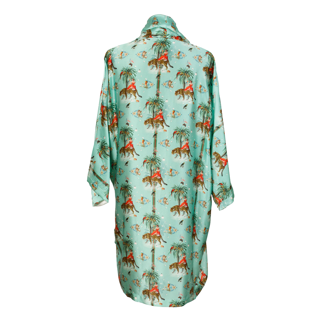 Back view of luxury 100% silk kimono in a maximalist retro Tiger and Pin Up design