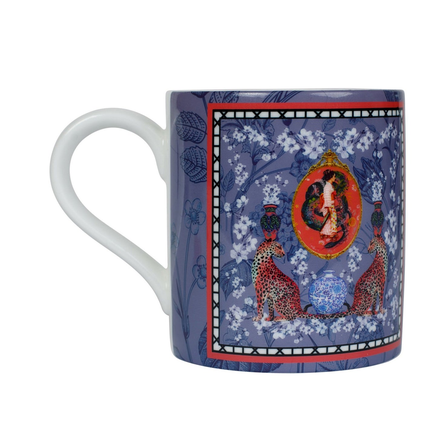 Luxury bone china coffee cup in a maximalist oriental inspired design called - Mishcka Bluebell 