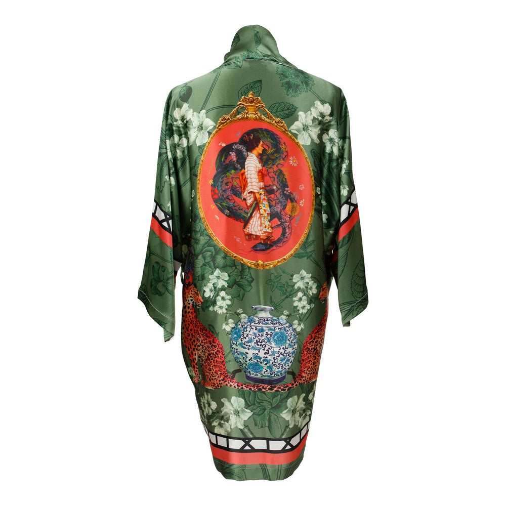 Back view of luxury 100% silk Kimono in a green maximalist oriental inspired design 